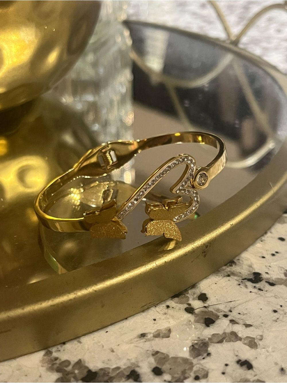 Gold Heart & Butterfly Accent Women's Bracelet - Elegant Gold Tone Jewelry
